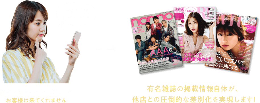 選ぶ基準やポイントが無いとお客様は来てくれません。有名雑誌の掲載情報自体が、他店との圧倒的な差別化を実現します！