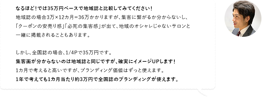 なるほど！では35万円ベースで地域誌と比較してみてください！地域誌の場合3万×12カ月＝36万かかりますが、集客に繋がるか分からないし、「クーポンの安売り感」「必死の集客感」が出て、地域のオシャレじゃないサロンと一緒に掲載されることもあります。しかし、全国誌の場合、1/4Pで35万円です。集客面が分からないのは地域誌と同じですが、確実にイメージUPします！1カ月で考えると高いですが、ブランディング価値はずっと使えます。1年で考えても1カ月当たり約3万円で全国誌のブランディングが使えます。